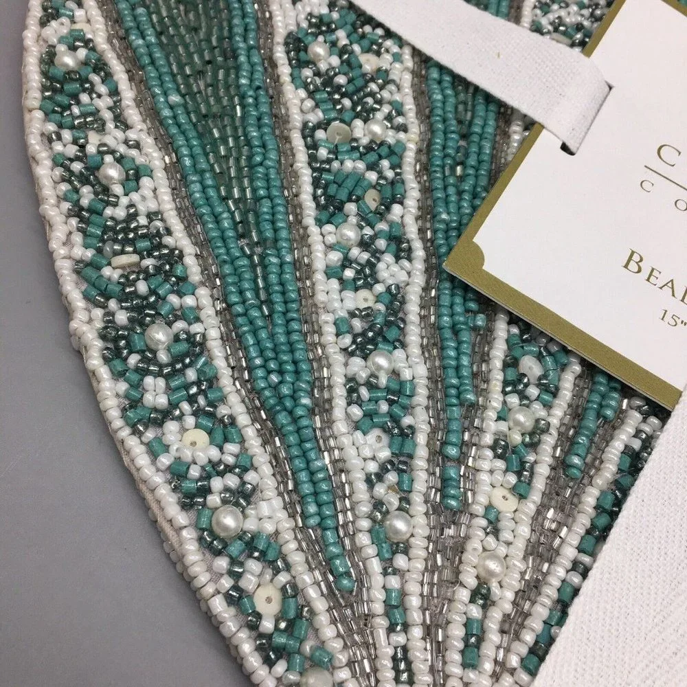 x2 Coastal Collection Beaded Seashell Placemat Set Ocean Beach Turquoise Silver